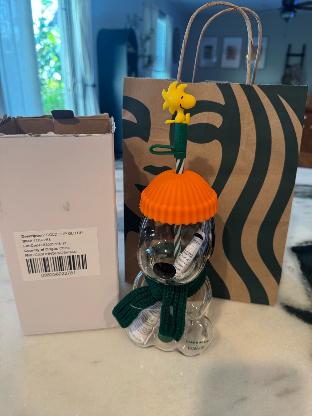 Starbucks Clear Peanuts Bear Cold Cup with Orange Hat and Green Scarf